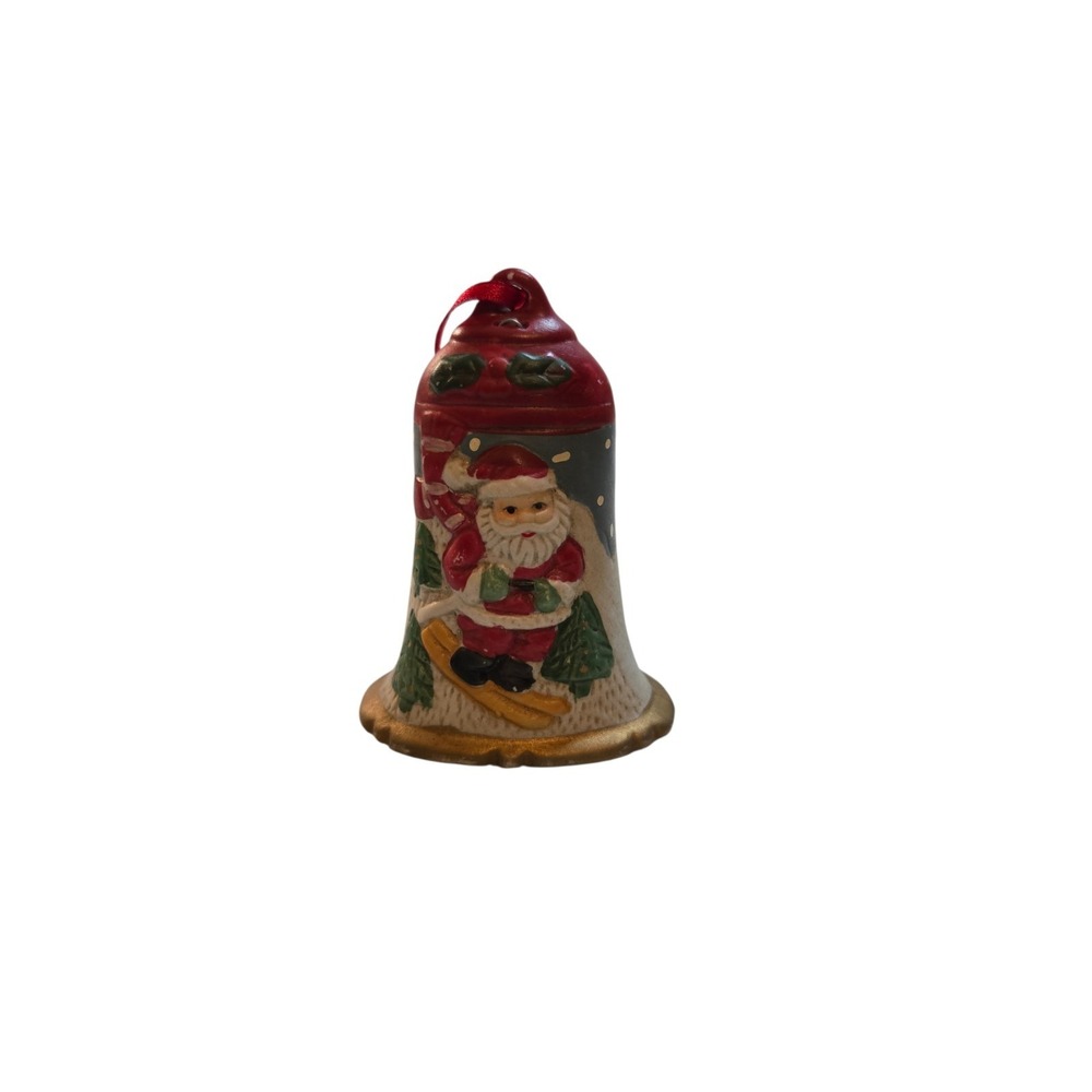 Vintage Christmas Ornament Bell Skiing Santa 3.5" Tall